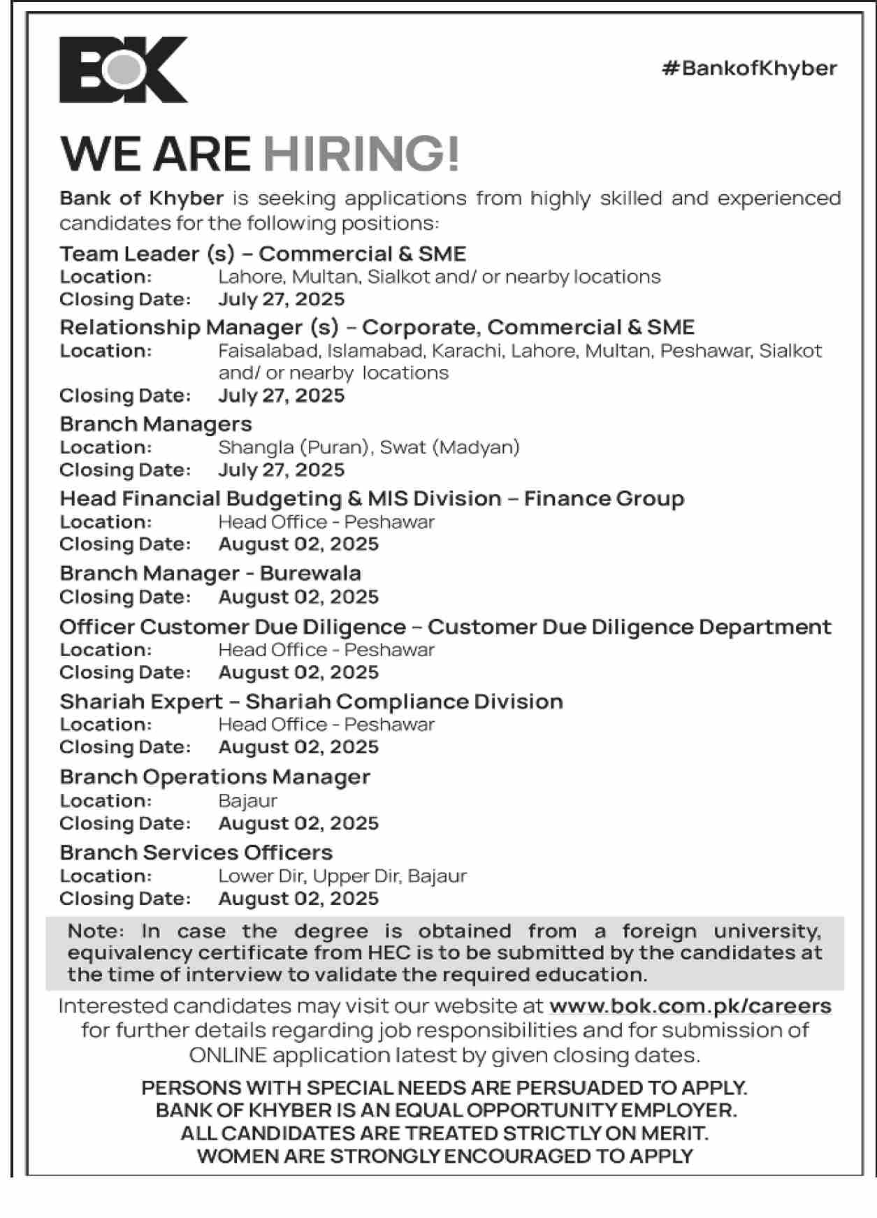Jobs in Bank of Khyber Peshawar